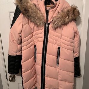 Pink Puffer Coat with Faux Fur Hood